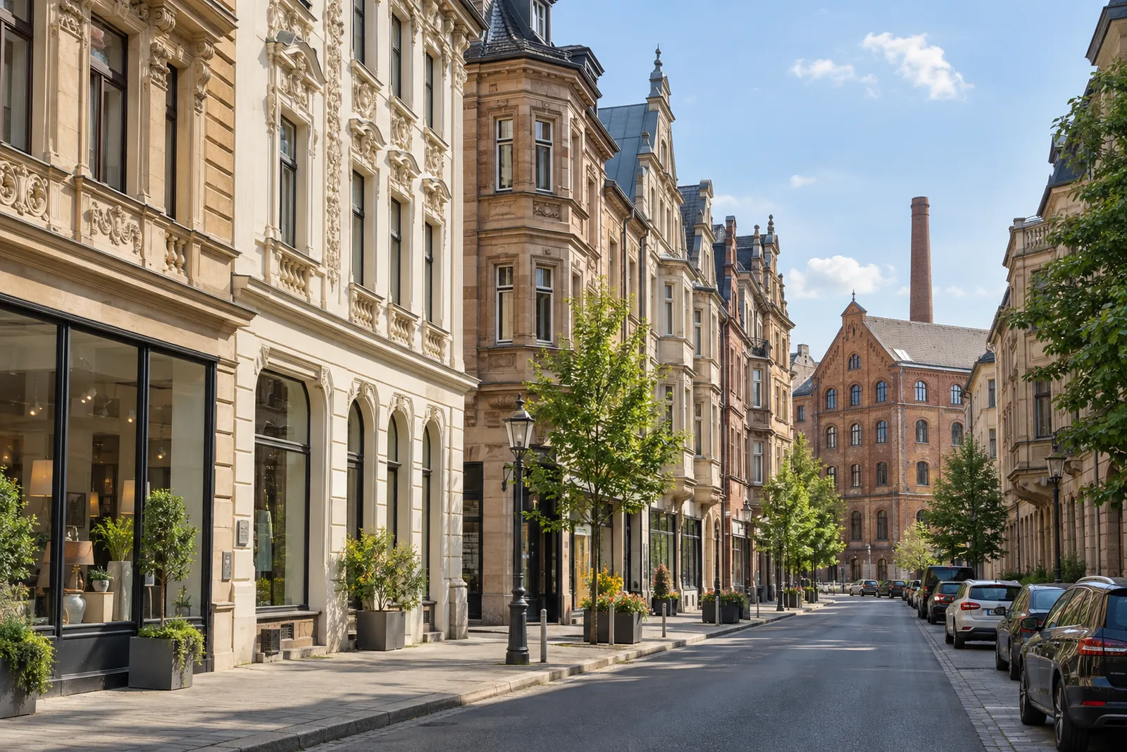 Gründerzeit-Geschäftshäuser mit Stuckfassaden und Ladenzonen im Erdgeschoss in der Fürther Innenstadt