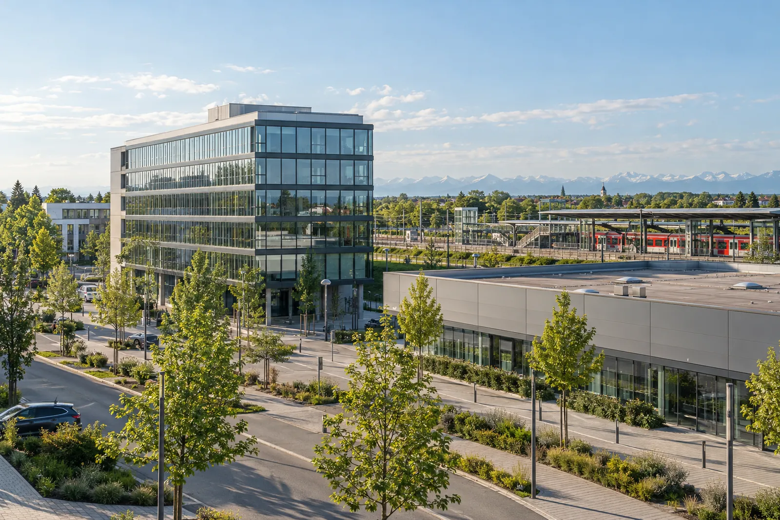 Bürogebäude und Gewerbehalle in Germering, im Hintergrund ein S-Bahnsteig und die Alpen am Horizont