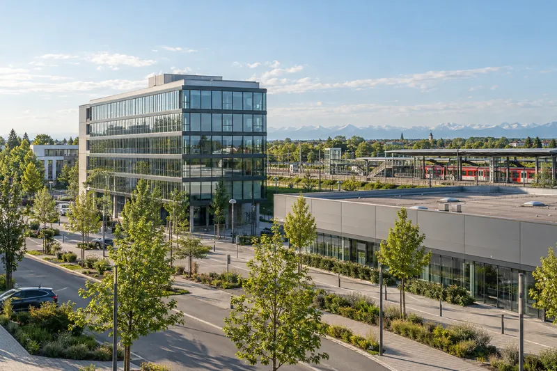 Bürogebäude und Gewerbehalle in Germering, im Hintergrund ein S-Bahnsteig und die Alpen am Horizont