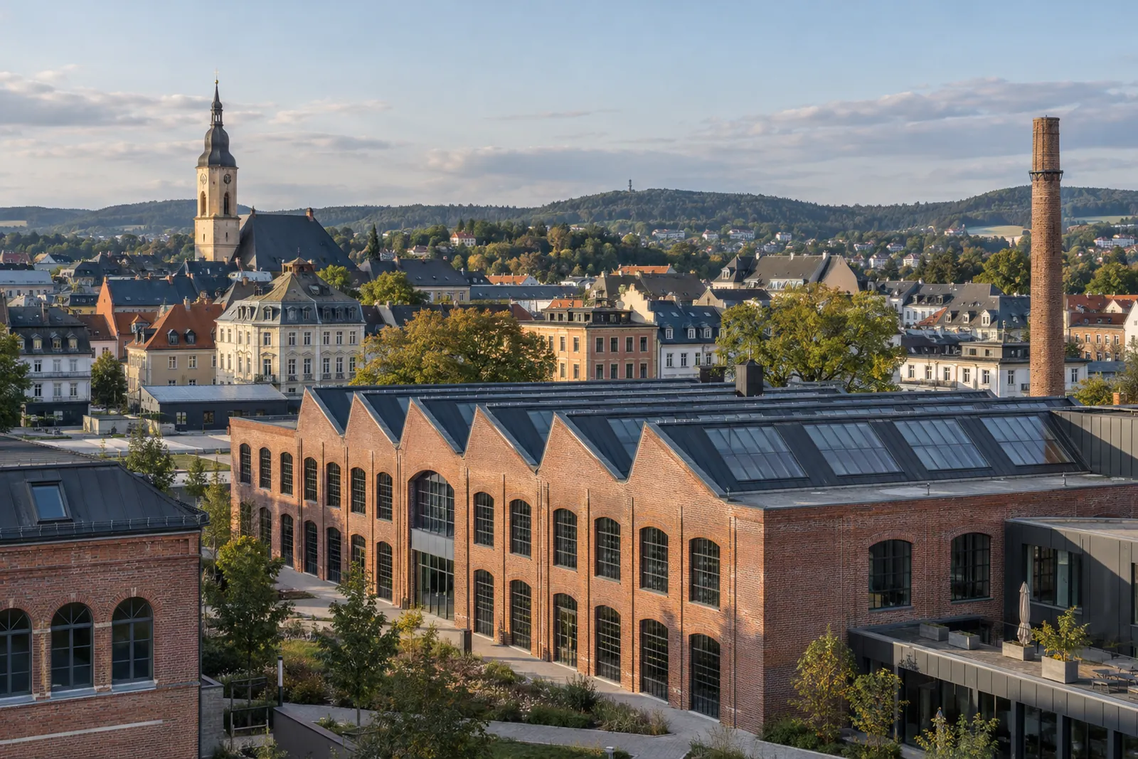 Ehemalige Textilfabrik aus Backstein mit Sheddach in Hof, dahinter klassizistische Häuser der Altstadt und ein Kirchturm