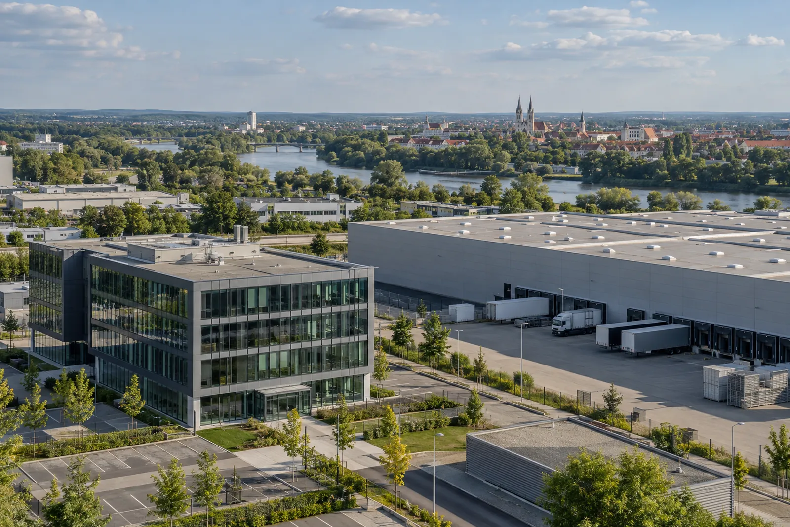 Moderne Bürogebäude und Lagerhallen in einem Gewerbegebiet bei Ingolstadt, im Hintergrund die Donau