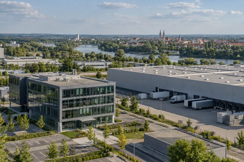 Moderne Bürogebäude und Lagerhallen in einem Gewerbegebiet bei Ingolstadt, im Hintergrund die Donau
