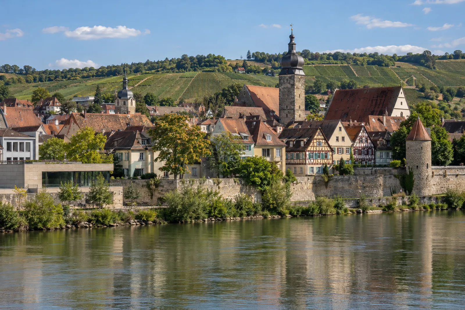 Kitzinger Altstadt am Main mit historischen Häusern, Turm und Weinbergen im Hintergrund