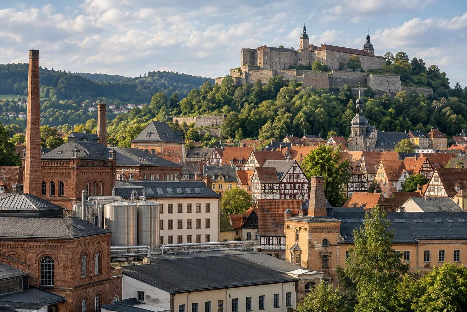 Historische Brauereigebäude und Altstadthäuser in Kulmbach, im Hintergrund die Plassenburg auf dem Hügel