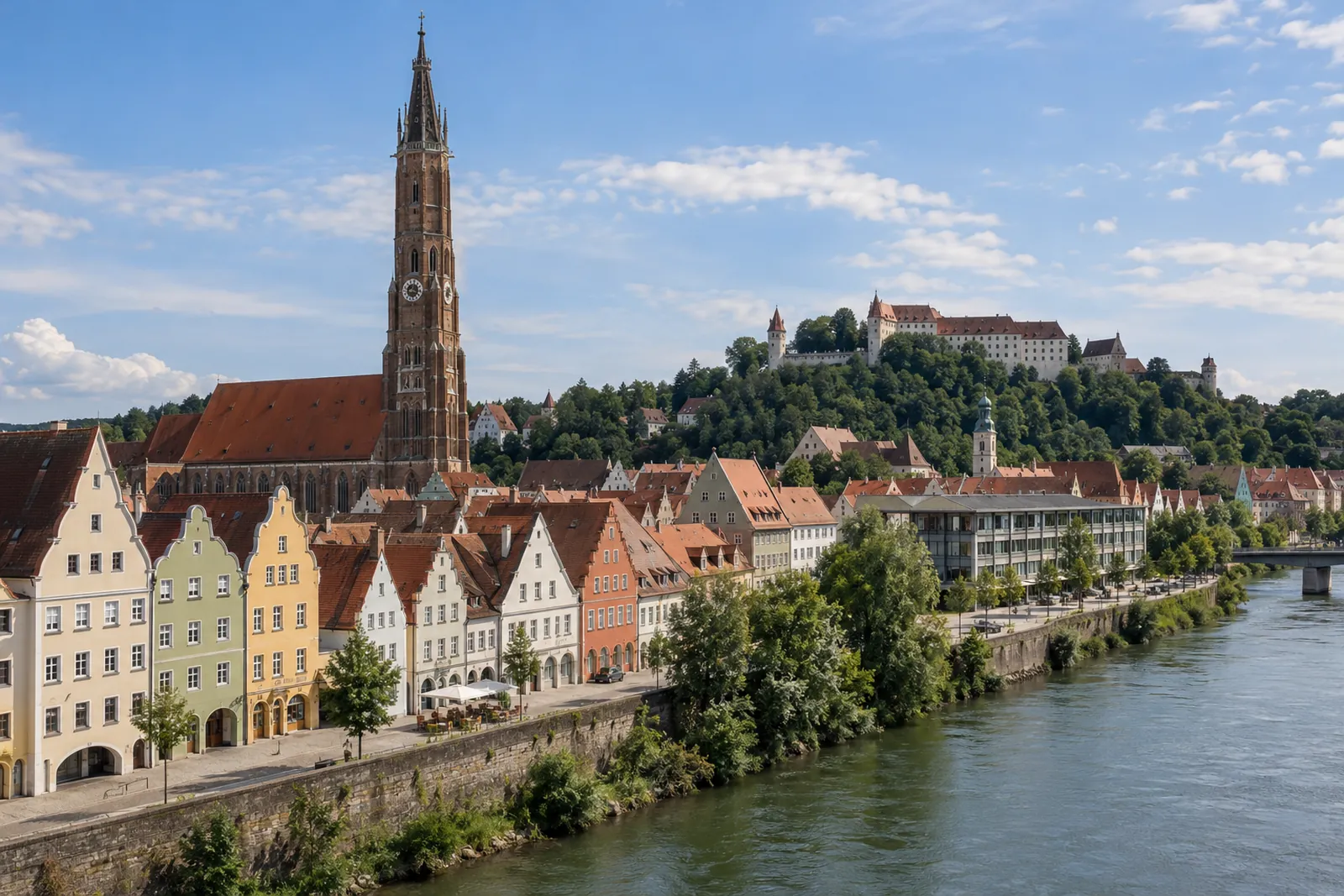 Giebelhäuser in der Landshuter Altstadt mit hohem Backsteinturm und Burg Trausnitz im Hintergrund
