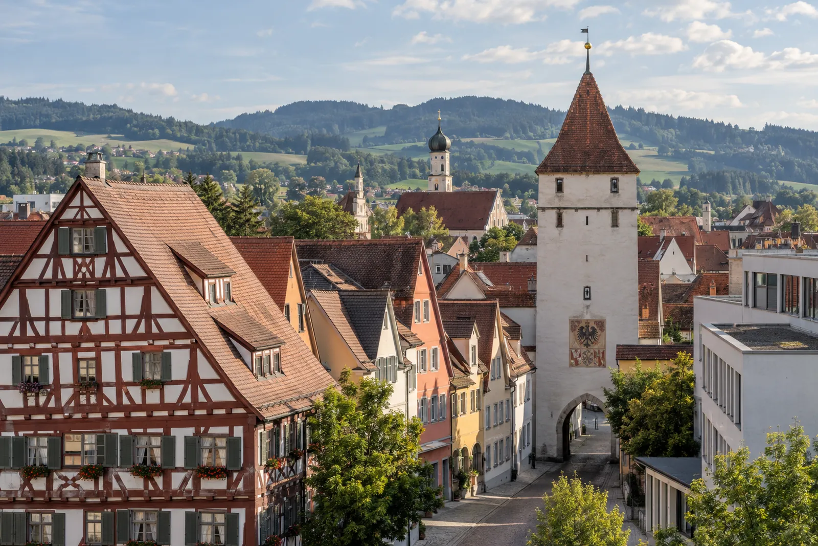 Altstadt von Memmingen mit Bürgerhäusern, Stadtturm und moderner Gewerbebebauung im Vordergrund