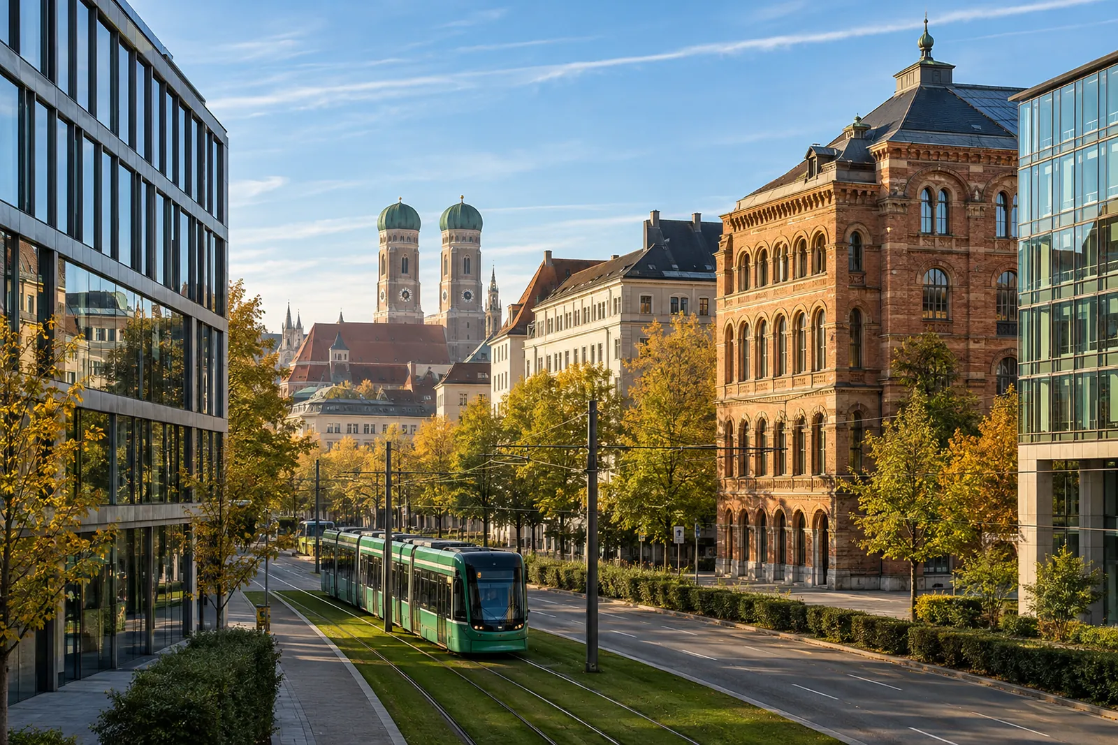Moderne Bürogebäude und Gründerzeit-Geschäftshäuser in München, im Hintergrund die Türme der Frauenkirche