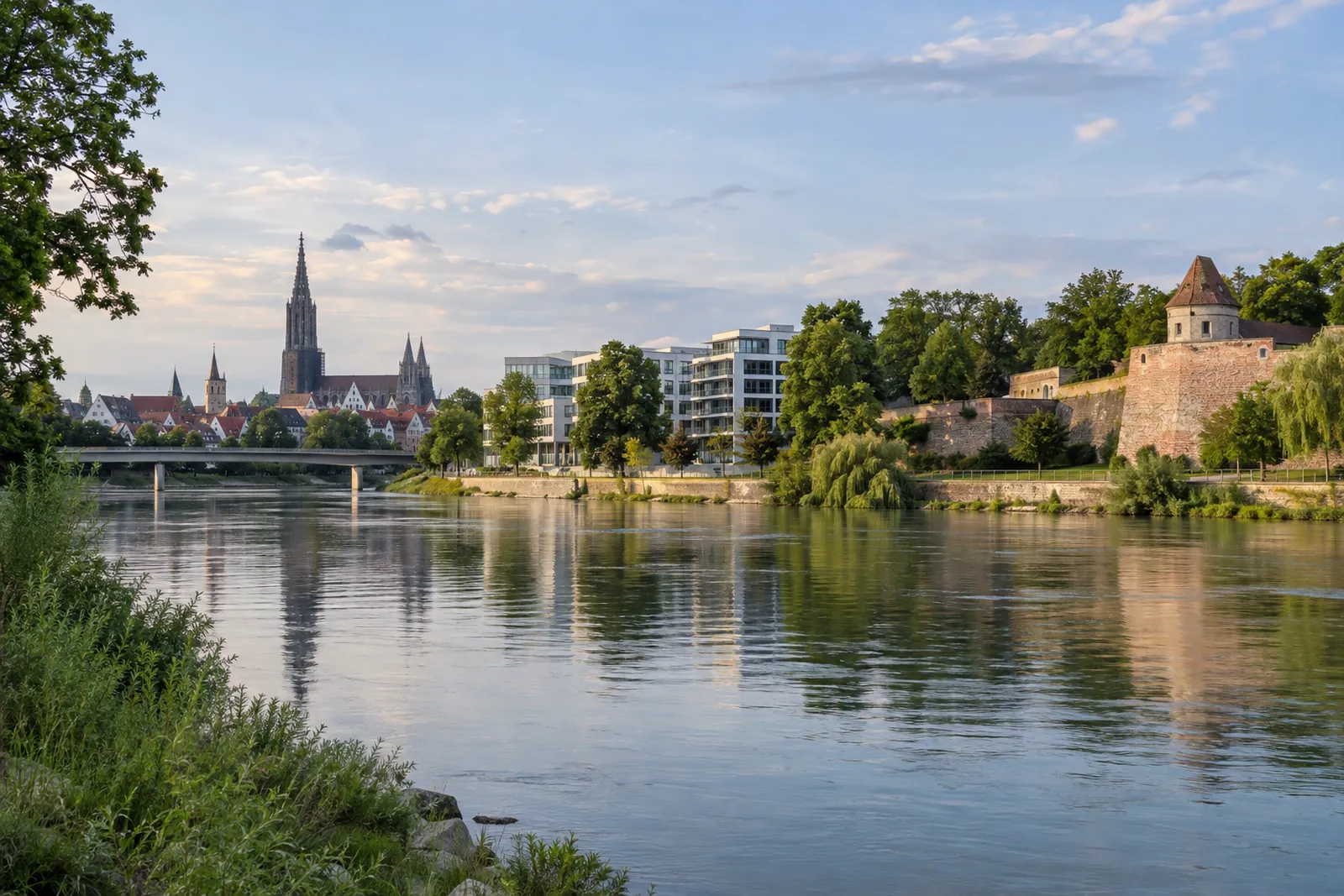 Donauufer bei Neu-Ulm mit Büro- und Geschäftsbauten, dahinter die Turmspitze des Ulmer Münsters