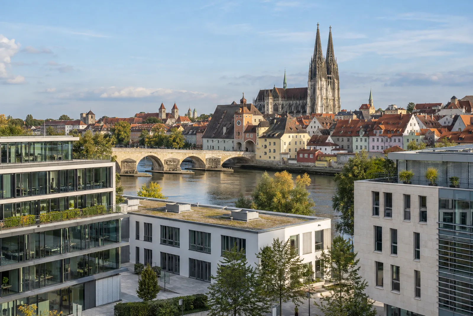 Moderne Büro- und Gewerbebauten in Regensburg mit Donau und Domtürmen im Hintergrund